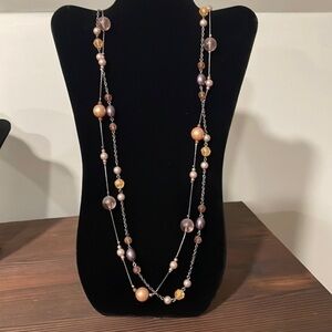 Purple and champagne gold color beaded long necklace